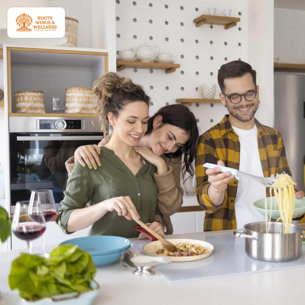 Tech-free family bonding through cooking.