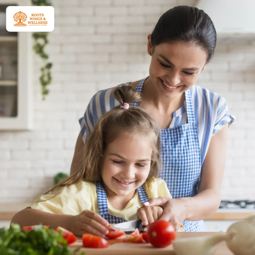 Cooking with kids to encourage healthy eating habits.