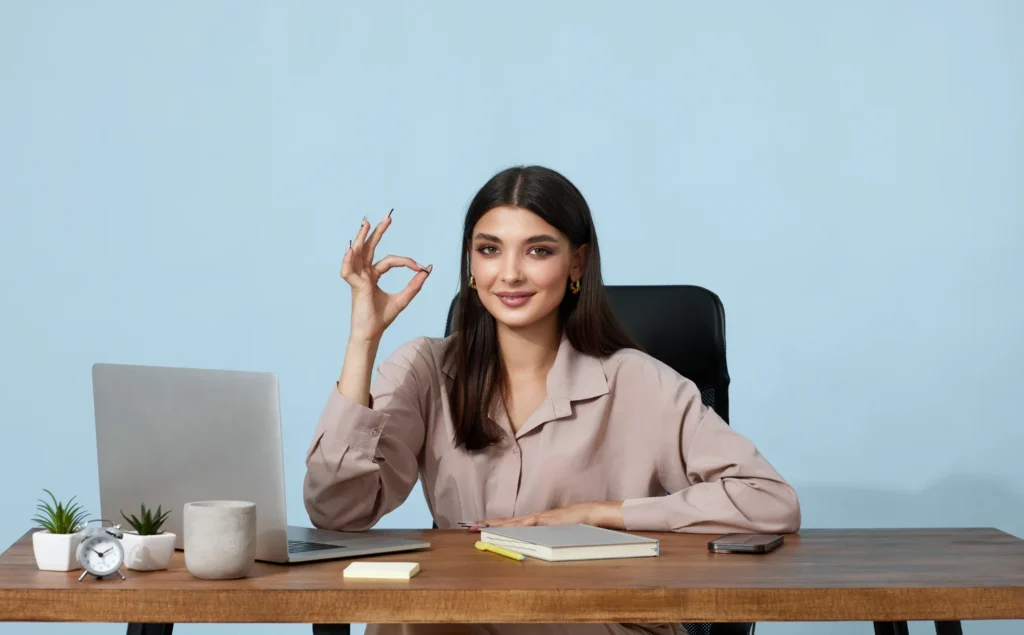 Woman radiating confidence and self-esteem in a professional environment.