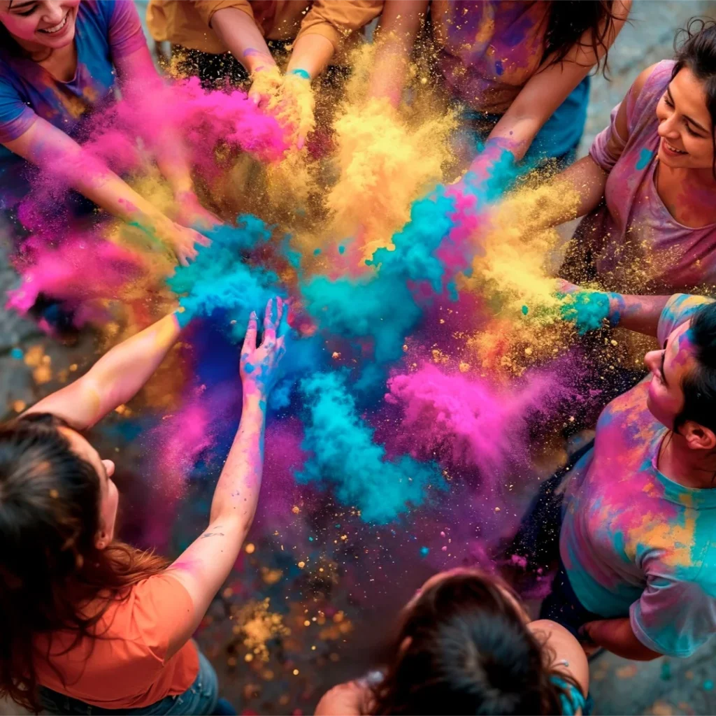 People celebrating Holi together, covered in colorful powders and smiling.