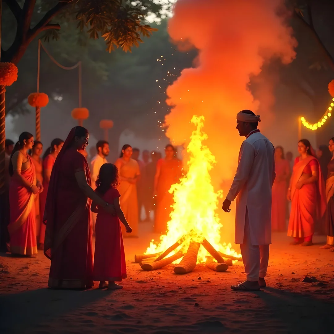 Holika Dahan 2025: Lessons in Inner Strength and Truth from the Festival of Holi 7 Holika Dahan bonfire with people gathered around at night, symbolizing the victory of good over evil.