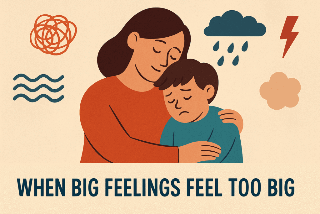 Illustration of a calm mother gently hugging her anxious child, surrounded by symbols of emotional overwhelm like clouds and lightning, with the text 'When Big Feelings Feel Too Big' below. Kids Anxiety Parenting: Support Tips for Big Emotions
