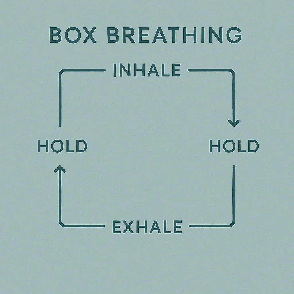 Minimalist diagram of box breathing technique with inhale, hold, exhale steps shown in calm, blue tones for stress relief.