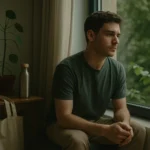 Young adult looking out a window with an anxious expression, surrounded by eco-friendly items, representing eco anxiety and emotional burnout