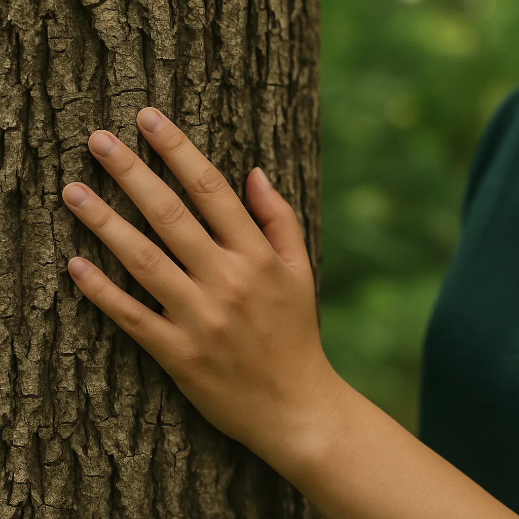 Can a 5-Minute Nature Break Reset Your Mood? 3 Human hand connecting with tree trunk, representing grounding and nature therapy for stress relief.