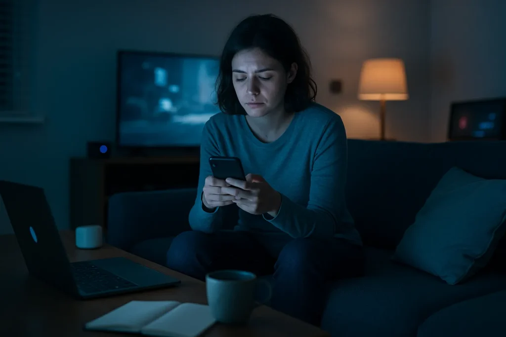 Adult scrolling phone late at night with tired expression, surrounded by digital devices, representing overstimulation and mental burnout.