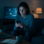 Adult scrolling phone late at night with tired expression, surrounded by digital devices, representing overstimulation and mental burnout.