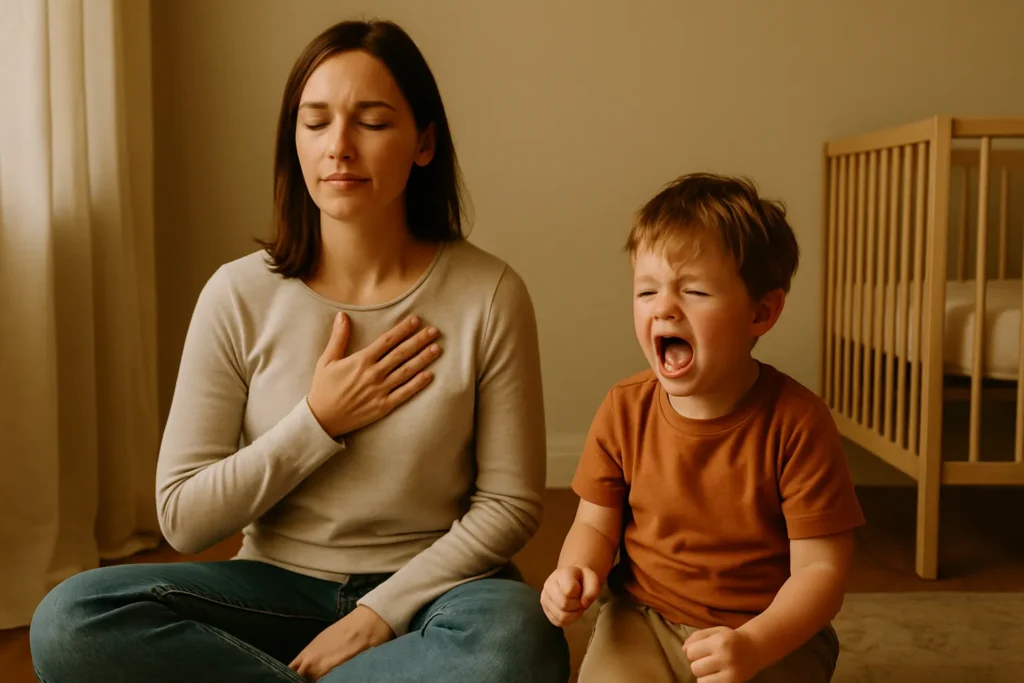 Parent practicing a calm pause during child’s tantrum, sitting grounded and self-regulating amidst emotional parenting moment.