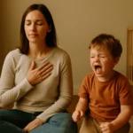 Parent practicing a calm pause during child’s tantrum, sitting grounded and self-regulating amidst emotional parenting moment.