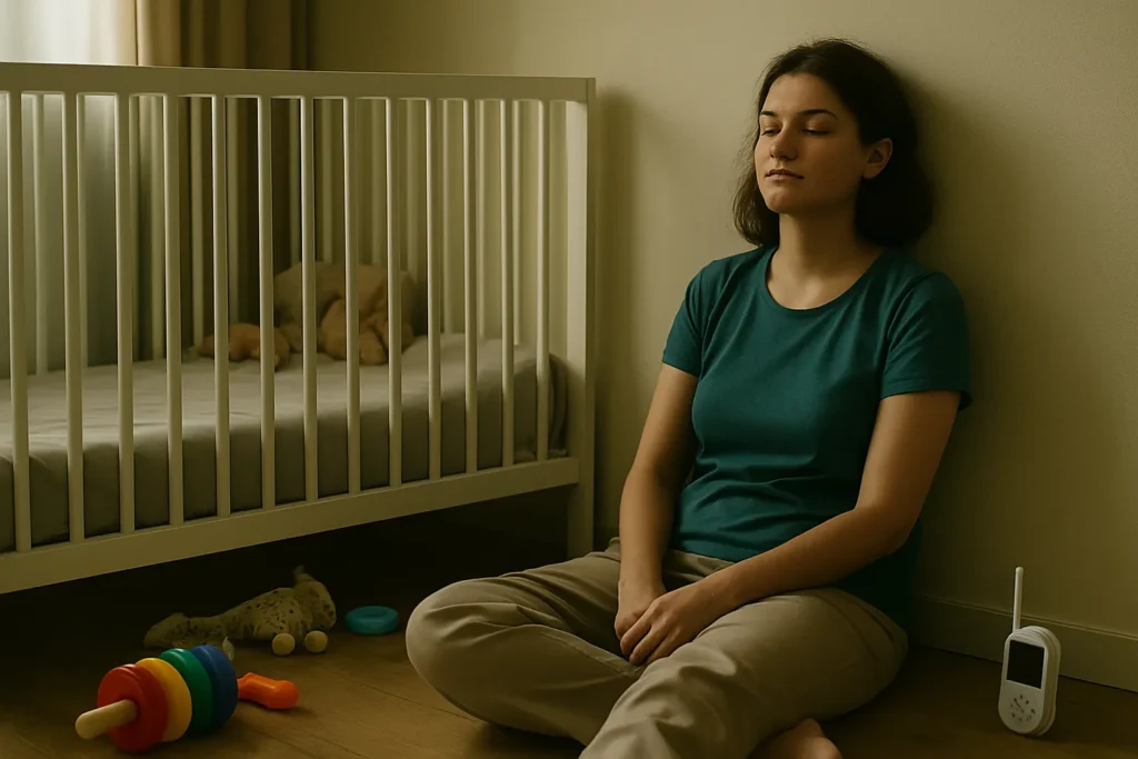 Parent sitting quietly in a moment of exhaustion beside child’s crib, symbolizing emotional burnout and pressure of gentle parenting.