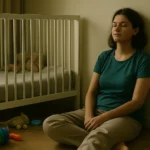 Parent sitting quietly in a moment of exhaustion beside child’s crib, symbolizing emotional burnout and pressure of gentle parenting.