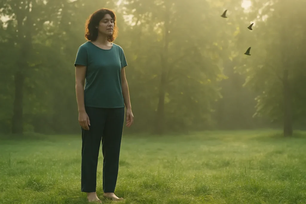 Person standing barefoot on grass under soft sunlight, eyes closed in calm, symbolizing a 5-minute nature therapy break for mental reset.