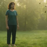Person standing barefoot on grass under soft sunlight, eyes closed in calm, symbolizing a 5-minute nature therapy break for mental reset.
