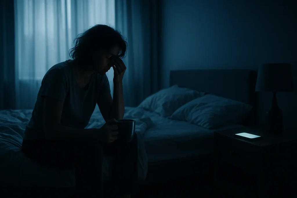 Exhausted adult sitting on edge of bed in soft morning light, holding coffee cup with phone glowing on nightstand—visual metaphor for burnout in adults