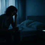 Exhausted adult sitting on edge of bed in soft morning light, holding coffee cup with phone glowing on nightstand—visual metaphor for burnout in adults