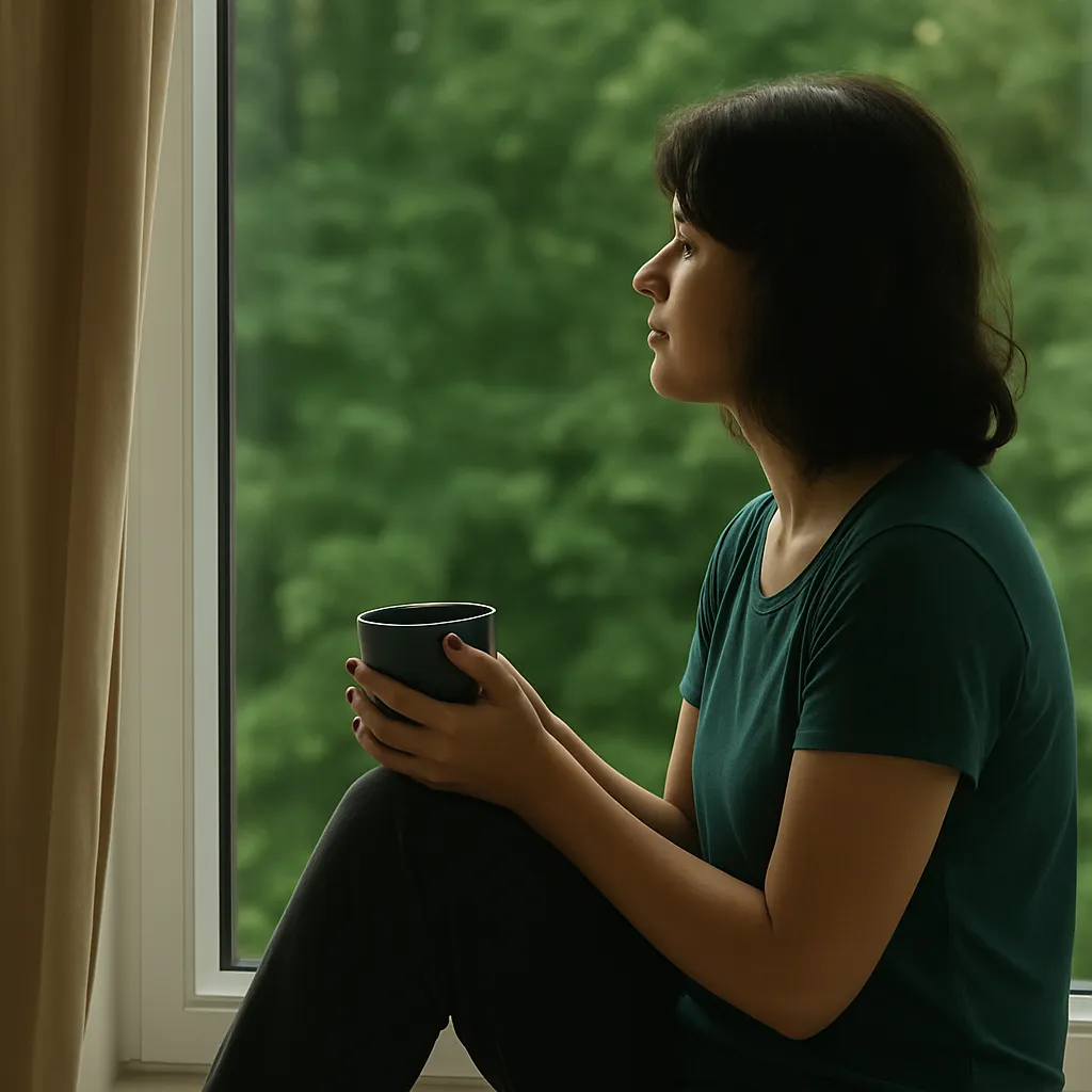 Can a 5-Minute Nature Break Reset Your Mood? 2 Adult practicing micro wellness by sitting near window with natural view, calming the nervous system.